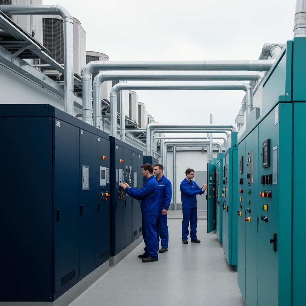 Estrutura industrial HVAC com painéis de controle e equipe técnica Actua Controls